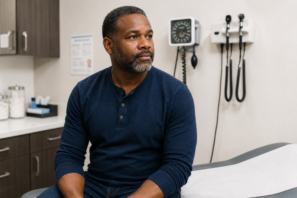 Portrait of a middle-aged Black man seated in an exam room before clinical vitals are taken.