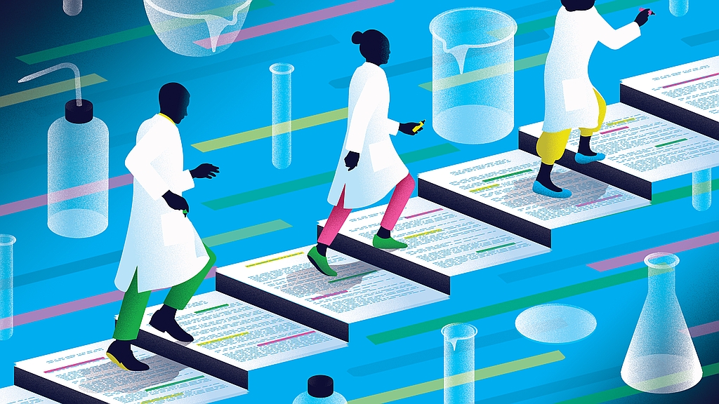 Three scientists in white coats climb a staircase of printed document pages, surrounded by laboratory glassware on a blue background.