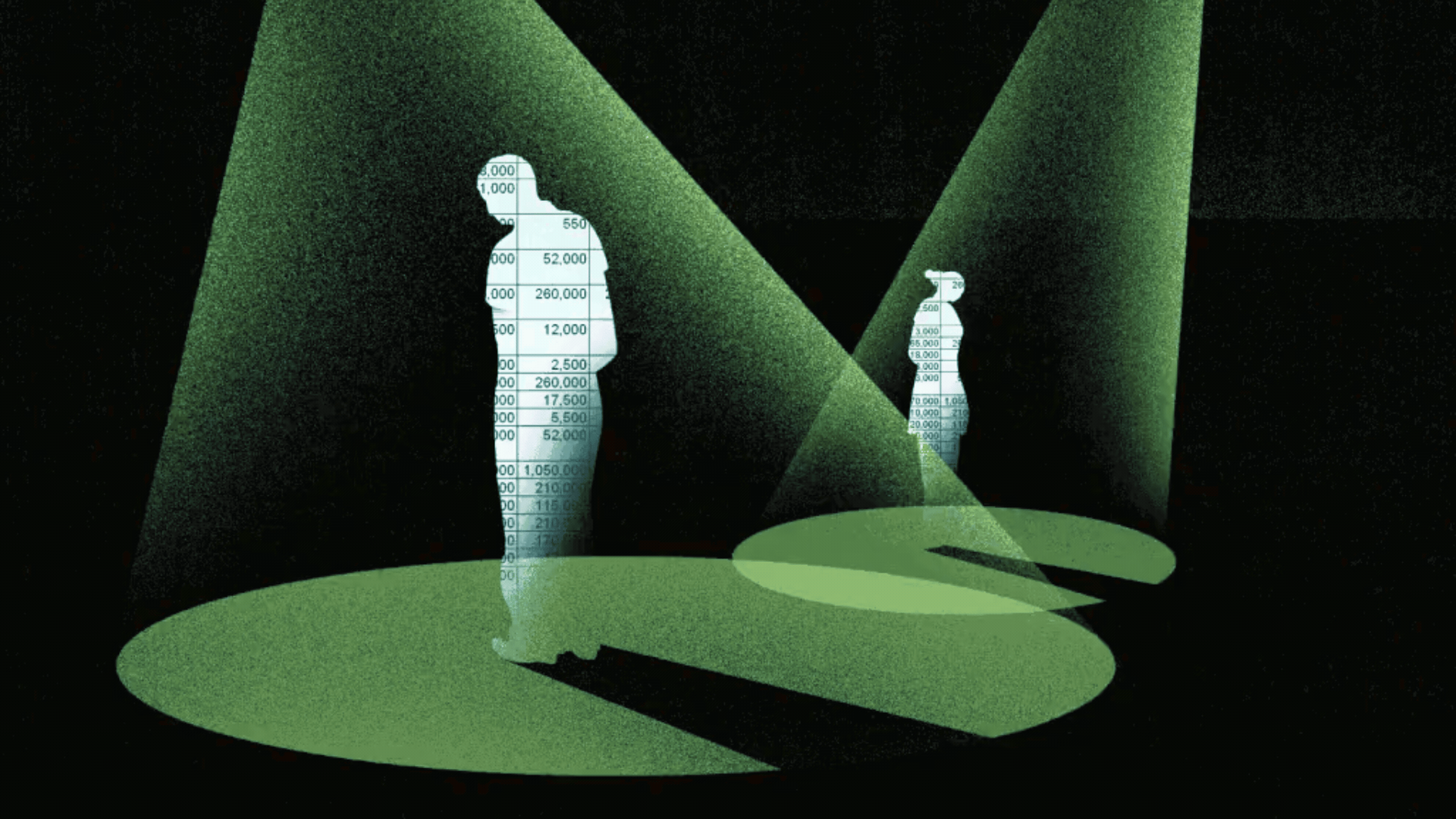 Two silhouettes stand in green spotlights on a dark stage. Each figure is filled with columns of numbers. In the animated version the spotlights move across the figures.
