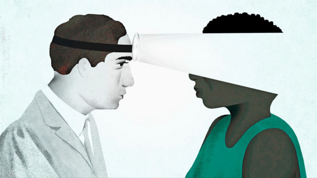 Illustration of a clinician in profile wearing a headlamp aimed at a Black person whose head is covered by a white cone.