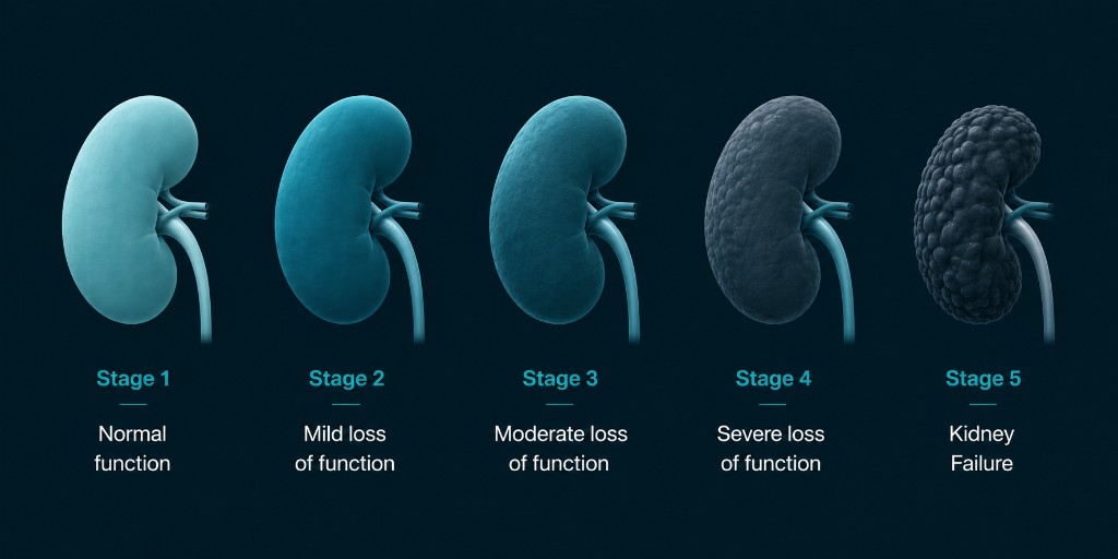 Five rendered kidneys labeled stage 1 through stage 5, showing progression from normal function to kidney failure.